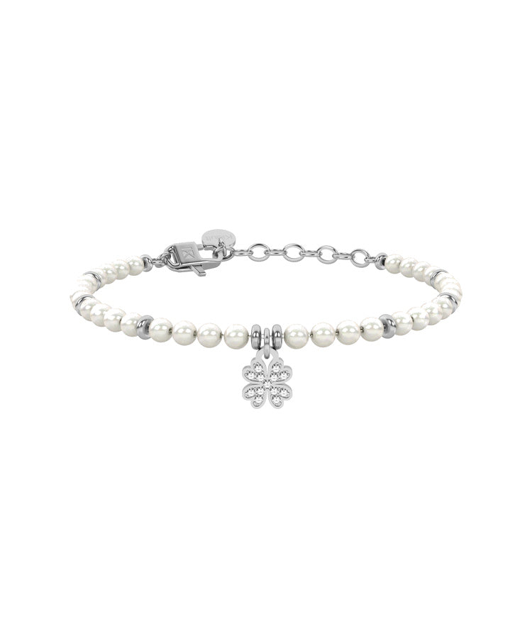 Pulseira Kidult com Pérolas e Trevo de Quatro Folhas