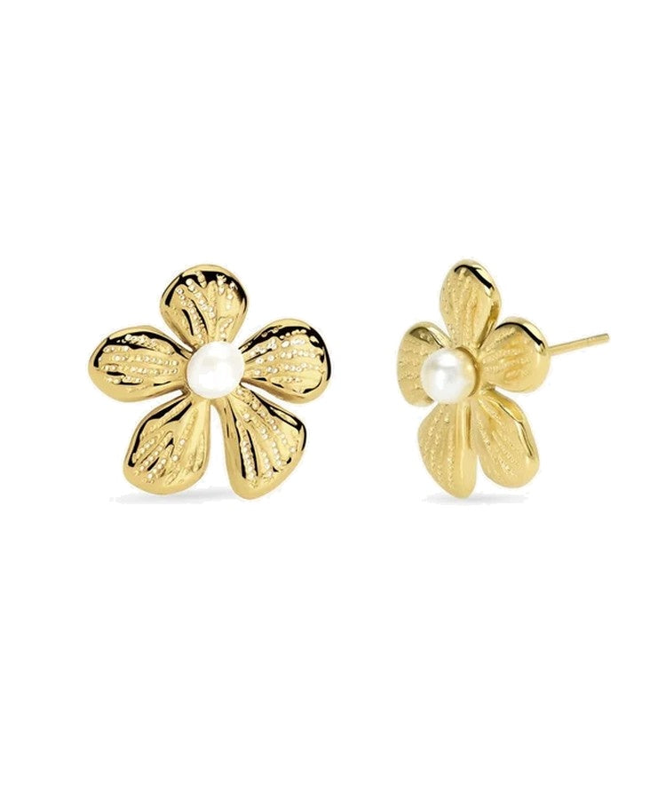 Brincos flor dourados com pérola de concha Kidult