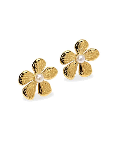 Brincos flor dourados com pérola de concha Kidult