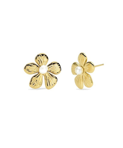 Brincos flor dourados com pérola de concha