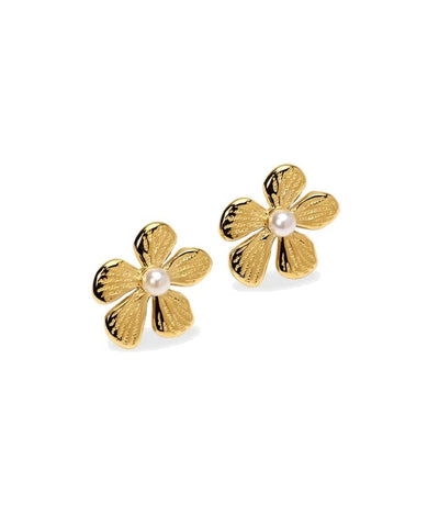 Brincos flor dourados com pérola de concha