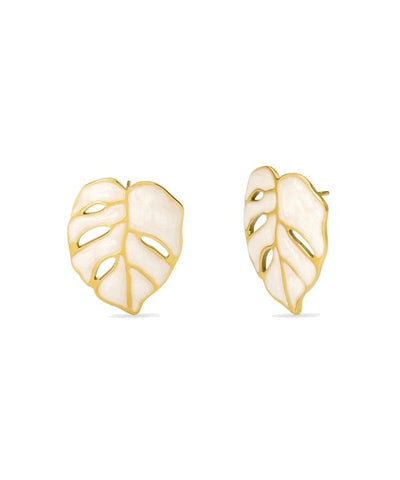 Brincos folha em aço dourado com acabamento esmaltado