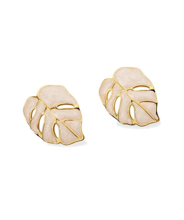 Brincos folha em aço dourado com acabamento esmaltado