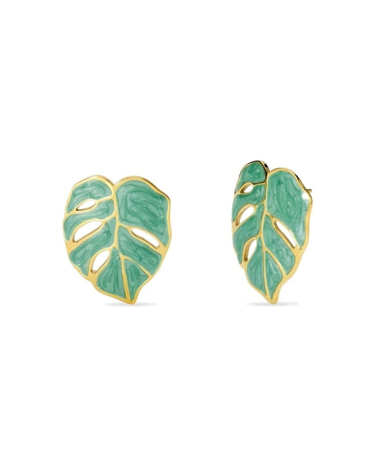 Brincos folha em aço dourado esmaltado
