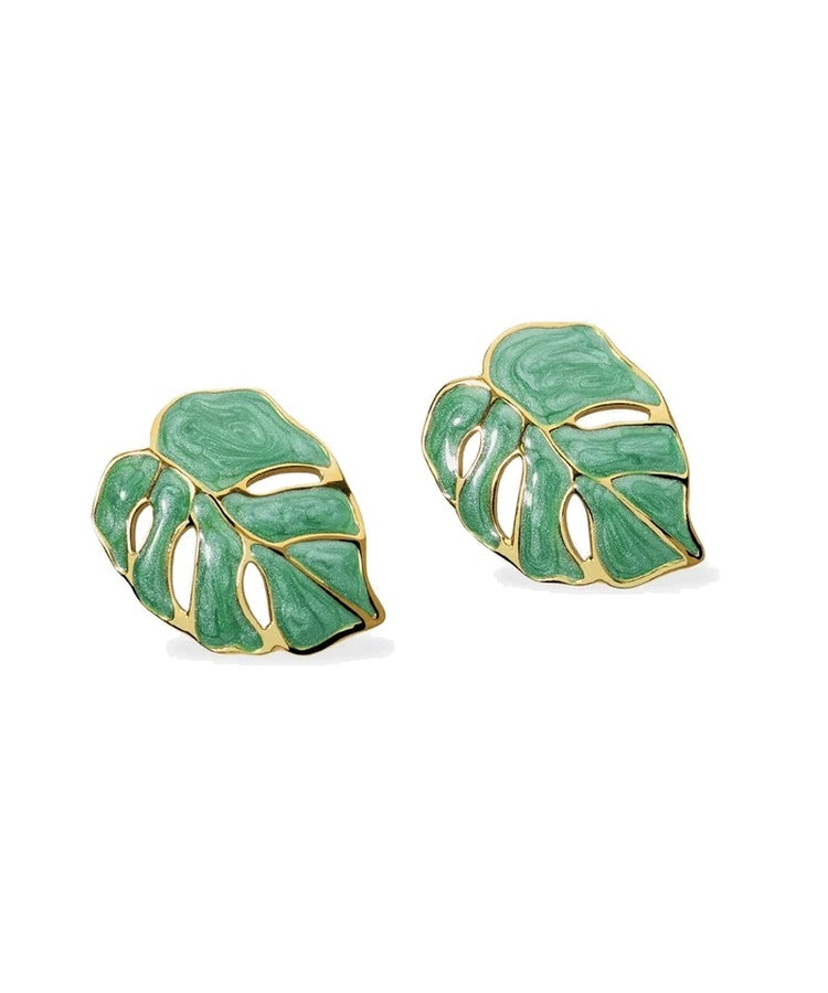 Brincos folha em aço dourado esmaltado